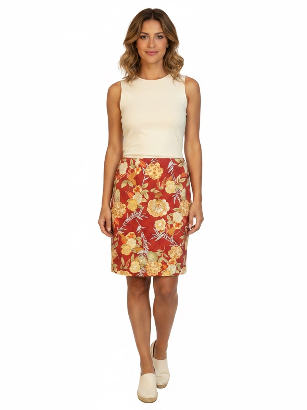 Geoffrey Beene Sport tan orange white mini skirt size 10 cotton spandex back zip